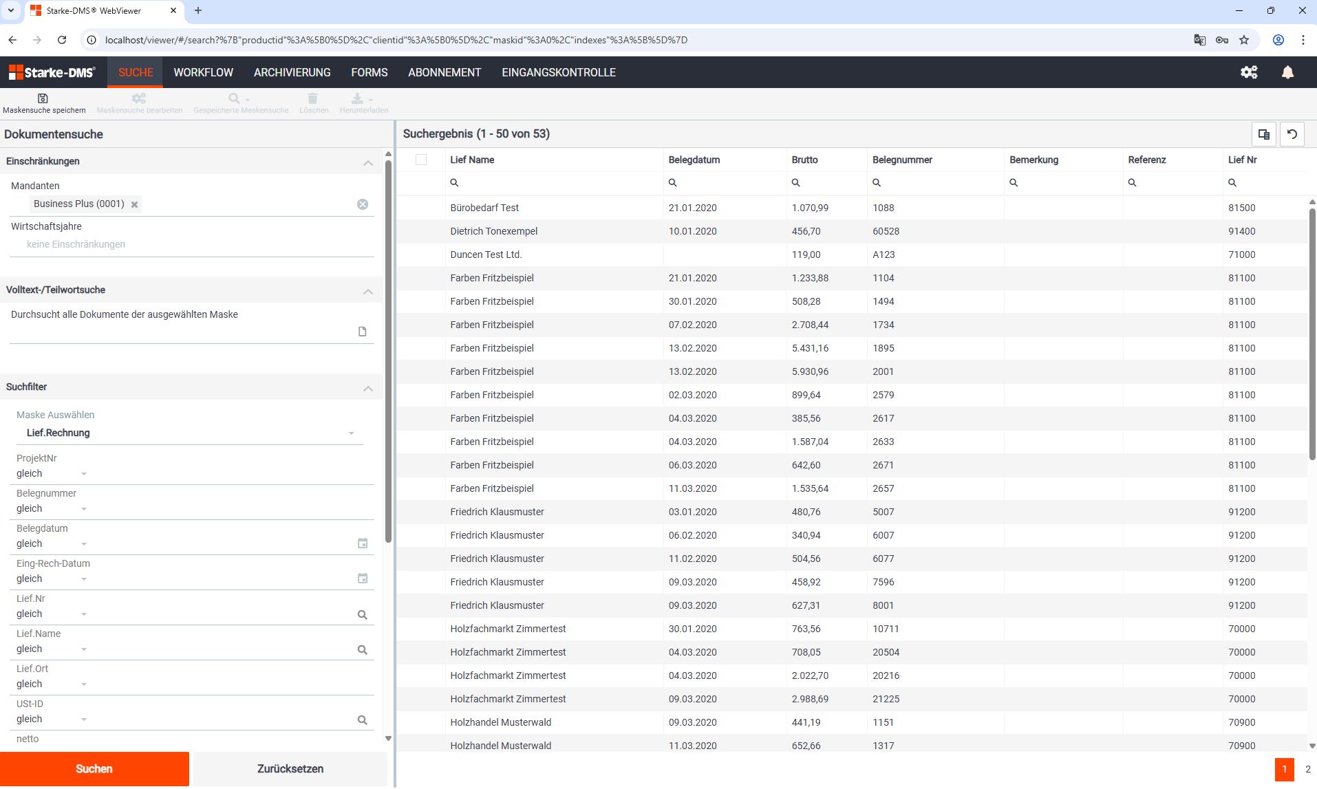 Webviewer eines vollwertigen Dokumentenmanagement-Systems im Browser: Eingangs- und Ausgangsseite vollständig abgedeckt