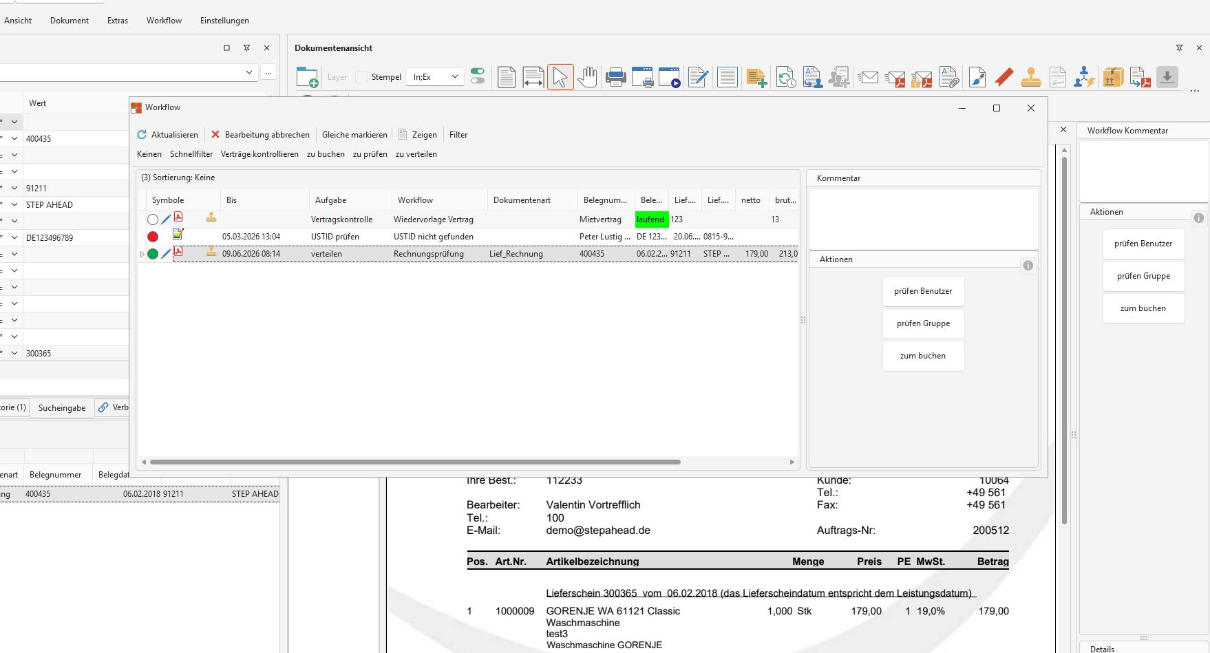 DMS-Workflowfenster mit konfigurierbaren Aktionen für die automatisierte Verarbeitung von Dokumenten